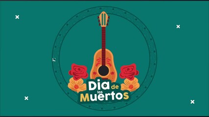 Sticker - dia de los muertos lettering celebration with guitar and flowers