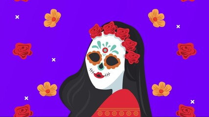 Wall Mural - dia de los muertos celebration with katrina skull and flowers pattern