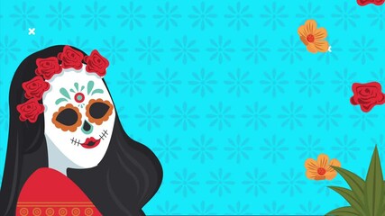 Poster - dia de los muertos celebration with katrina skull and floral decoration