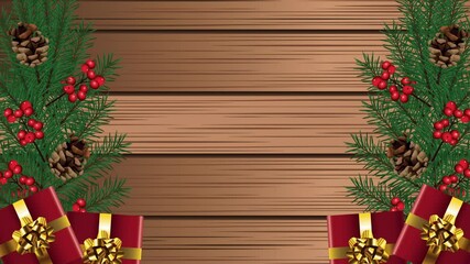 Canvas Print - happy merry christmas with leafs and gifts in wooden background