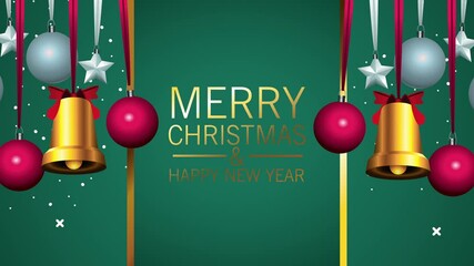 Wall Mural - happy merry christmas lettering with balls and bells hanging