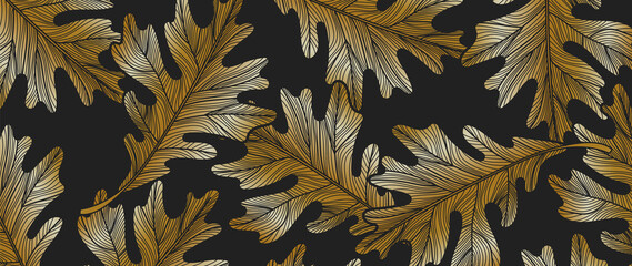 Wall Mural - Luxury Gole autumn background vector. Autumn seasonal wall paper design with oak leaf, vine maple and golden texture. Vector illustration.