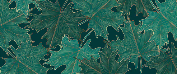 Luxury Gole autumn background vector. Autumn seasonal wall paper design with oak leaf, vine maple and golden texture. Vector illustration.