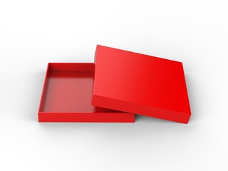 Thin square packaging box mockup, red cardboard package box mock-up template on isolated white background. 3d illustration