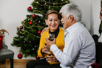 Gray hair latino grandad making a toast with her wife on Mexico city living room with Christmas decoration