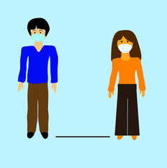 A girl and a young man in medical masks for the prevention of coronavirus keep a social distance. The space for the safety of people should be located at a distance of 2 meters from each other.