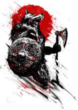 An Old Scandinavian Shaman Warrior With A Stuffed Wolf On His Head With A Shield And An Ax Stands Proudly Against The Background Of The Bloody Sun. 2D Illustration