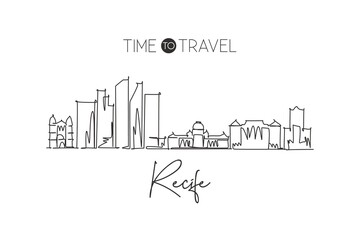 Wall Mural - One continuous line drawing of Recife city skyline, Brazil. Beautiful landmark home decor poster print art. World landscape tourism travel vacation. Stylish single line draw design vector illustration