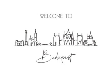 Wall Mural - One continuous line drawing of Budapest city skyline, Hungary. Beautiful landmark postcard. World landscape tourism travel vacation. Editable stylish stroke single line draw design vector illustration