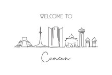 One Continuous Line Drawing Cancun City Skyline, Mexico. Beautiful Landmark Postcard. World Landscape Tourism And Travel Vacation. Editable Stylish Stroke Single Line Draw Design Vector Illustration