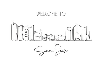 Wall Mural - One continuous line drawing San Jose city skyline, Costa Rica. Beautiful landmark home decor poster print. World landscape tourism travel vacation. Stylish single line draw design vector illustration