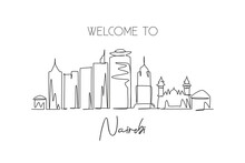 Single Continuous Line Drawing Of Nairobi City Skyline, Kenya. Famous City Scraper And Landscape Home Wall Art Decor Poster Print. World Travel Concept. Modern One Line Draw Design Vector Illustration