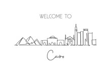One Continuous Line Drawing Of Cairo City Skyline, Egypt. Beautiful Landmark. World Landscape Tourism And Travel Vacation. Editable Stylish Stroke Single Line Draw Design Vector Graphic Illustration