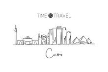 One Single Line Drawing Of Cairo City Skyline, Egypt. Historical Town Landscape Postcard Print. Best Holiday Destination. Editable Stroke Trendy Continuous Line Draw Design Vector Graphic Illustration