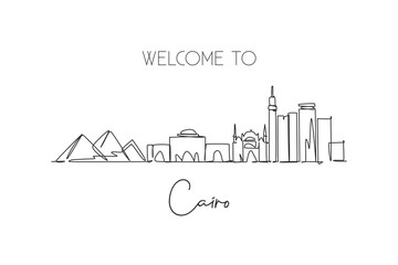 Wall Mural - One continuous line drawing of Cairo city skyline, Egypt. Beautiful landmark. World landscape tourism and travel vacation. Editable stylish stroke single line draw design vector graphic illustration
