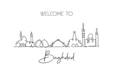 Single Continuous Line Drawing Of Baghdad City Skyline, Iraq. Famous City Scraper And Landscape Home Wall Decor Poster Print Art. World Travel Concept. Modern One Line Draw Design Vector Illustration