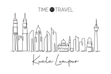 Single Continuous Line Drawing Of Kuala Lumpur City Skyline, Malaysia. Famous City Landscape. World Travel Concept Home Wall Decor Art Poster Print. Modern One Line Draw Design Vector Illustration
