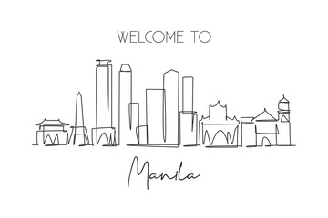 Wall Mural - One single line drawing of Manila city skyline, Philippines. Historical town landscape in the world. Best holiday destination. Editable stroke trendy continuous line draw design vector illustration