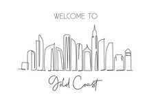 Single Continuous Line Drawing Of Gold Coast City Skyline, Australia. Famous City Landscape. World Travel Concept Wall Home Decor Art Poster Print. Modern One Line Draw Design Vector Illustration