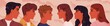 Young men and women standing opposite and looking at each other. Concept of confrontation between male and female characters. People choosing a partner. Vector illustration in flat cartoon style