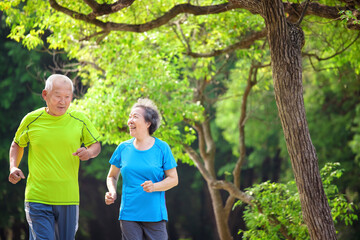 Wall Mural - Asian Senior Couple  jogging in the nature park