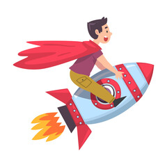 Wall Mural - Happy Boy in Red Cape Flying on Space Rocket, Leadership, Achievement, Competition, Success Concept Cartoon Style Vector Illustration