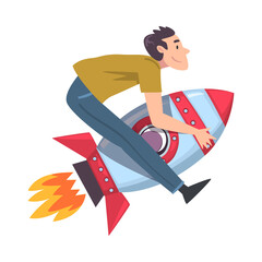 Wall Mural - Young Man Flying on Space Rocket, Leadership, Achievement, Competition, Success Concept Cartoon Style Vector Illustration