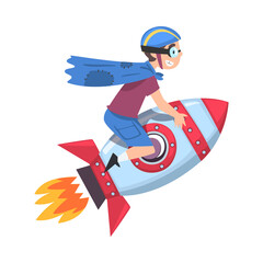 Poster - Cute Boy in Safety Helmet nad Cape Flying on Space Rocket, Successful Achievements of Child Cartoon Style Vector Illustration