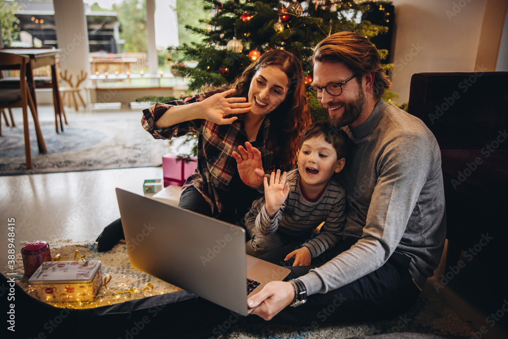 Connecting with family over video call during Christmas - obrazy, fototapety, plakaty 