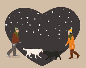 Illustration of a man and woman who fall in love at first glance. Greeting card. Peoples walk with dogs on the background of the heart.