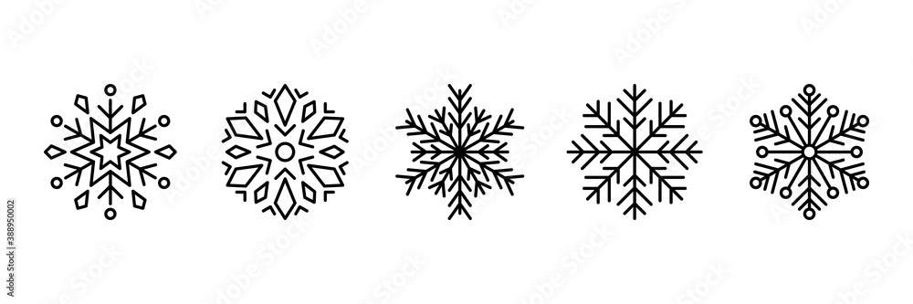 set of snowflake thin line icons, christmas snowy - obrazy, fototapety, plakaty 