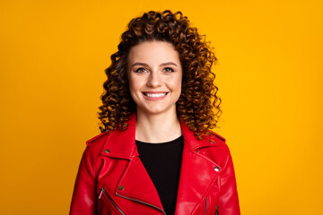 Canvas Print - Close-up portrait of her she nice attractive cheerful cheery wavy-haired girl wearing leather coat isolated on bright vivid yellow color background