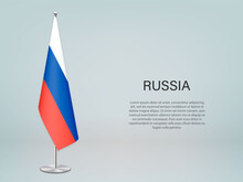 Russia hanging flag on stand. Template forconference banner