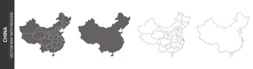 Wall Mural - 4 vector political maps of china with regions on white background