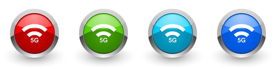 Aufkleber - 5G internet wireless communication, network silver metallic glossy icons, set of modern design buttons for web, internet and mobile applications in four colors options isolated on white background