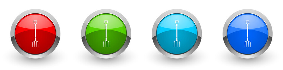 Leinwandbilder - Fork, gardening tool silver metallic glossy icons, set of modern design buttons for web, internet and mobile applications in four colors options isolated on white background