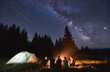 Evening summer camping, spruce forest on background, sky with falling stars and milky way. Group of five friends sitting together around campfire in mountains, enjoying fresh air near illuminated tent