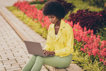 Poster - Photo portrait of woman sitting with laptop on curb with flowers in park