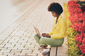 Poster - Photo portrait of smiling girl sitting with laptop in lotus pose on curb with flowers outdoors