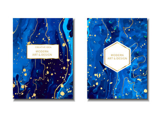 Magic blue cards with sparkling glitter and gold lines. Mystical vector wedding invitation. Gold confetti and marble navy background. Golden scattered dust.