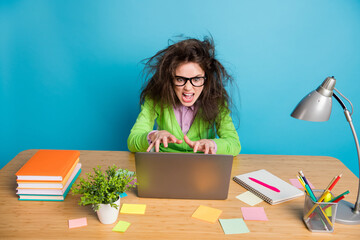 Canvas Print - Top above high angle view photo of furious brown messy hair girl sit table type laptop isolated blue color background