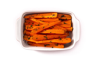 Honey glazed carrots isolated on white background. Top view	