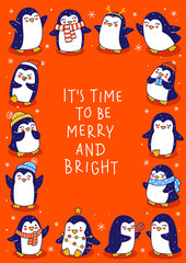 Canvas Print - Cute little penguins on red background - cartoon characters vertical frame for funny Christmas and New Year holidays greeting card and poster design