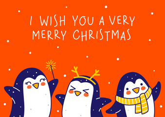 Wall Mural - Cute little penguins on red background - cartoon characters border for funny Christmas and New Year holidays greeting card and poster design