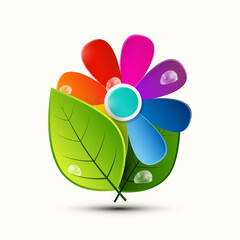 Sticker - Fresh Abstract Colorful Vector Flower with Leaves Isolated