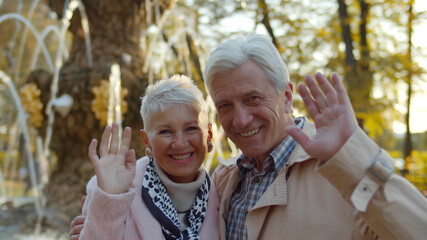 Wall Mural - Attractive romantic mature couple posing and waving hands over fountain on background