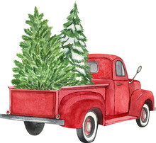 Christmas Red Retro Truck With Christmas Tree. Watercolor Holiday Illustration. Perfect For Your Christmas And New Year Project, Invitations, Greeting Cards, Wallpapers