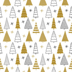 Poster - Pine tree pattern design with different Christmas trees - funny hand drawn doodle, seamless pattern. Lettering poster or t-shirt textile graphic design. / wallpaper, wrapping paper, background.