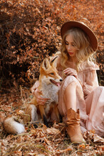 Girl And Wild Fox Fall