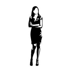 Wall Mural - Business woman standing, isolated vector silhouette. Front view, ink drawing